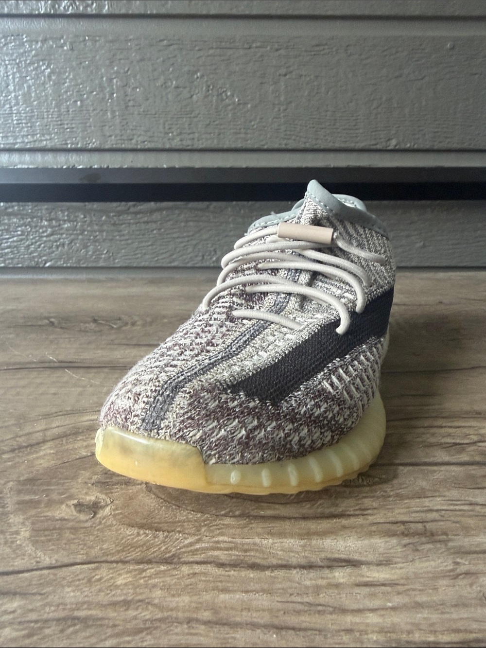 Yeezy Kids Neutral Knit Sneaker with Black Stripe and Yellow Sole size 1 1/2